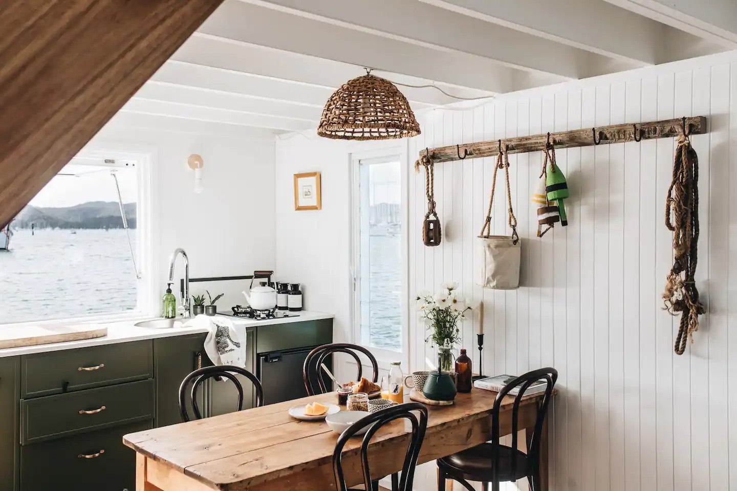 white-paneled houseboat kitchen