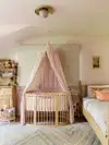 Nursery with pink crib canopy and brass ceiling light. 