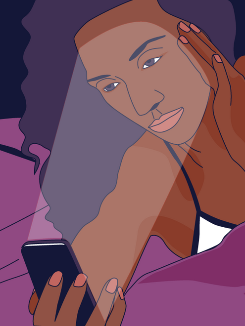 illustration of a woman holding a phone in bed