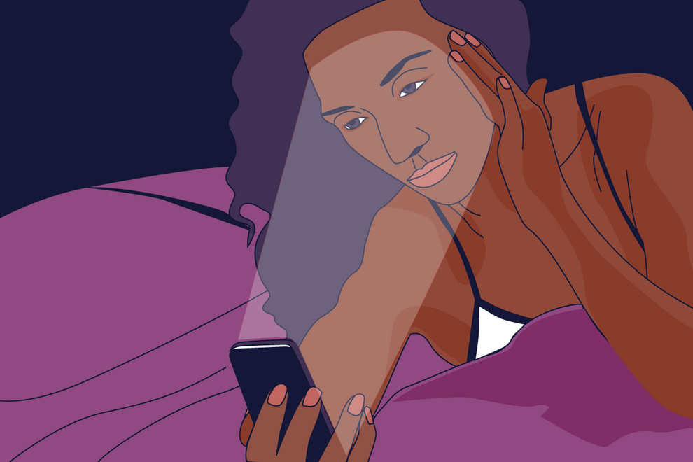 illustration of a woman holding a phone in bed