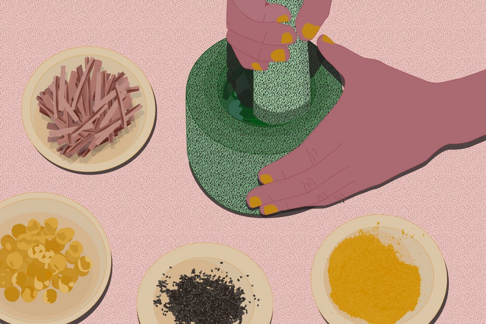 illustration of person grinding spices