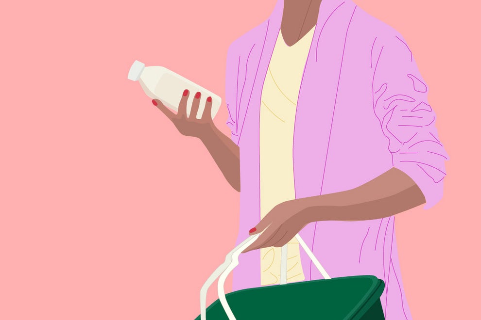 illustration of person holding bottle and grocery basket