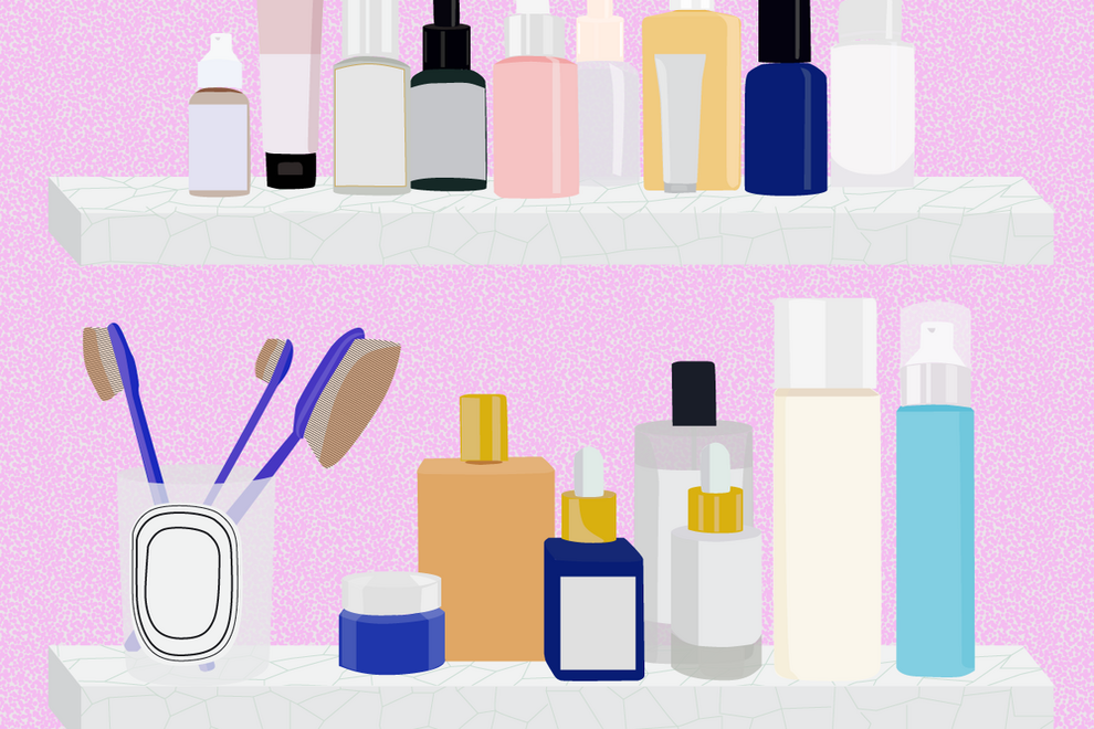illustration of beauty products on shelves