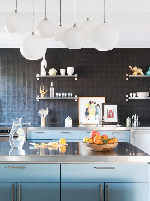 kitchen with black wall and open shelving