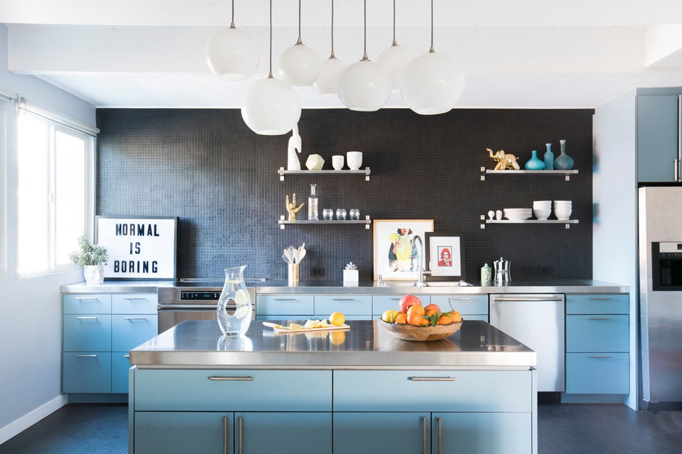 kitchen with black wall and open shelving
