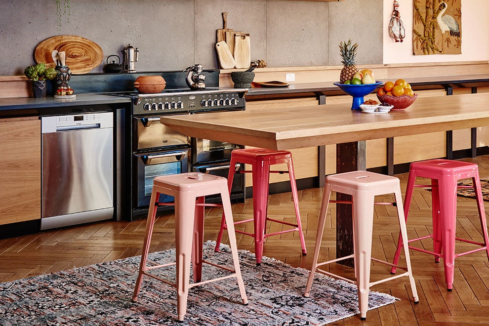 kitchen seating with colorful stools