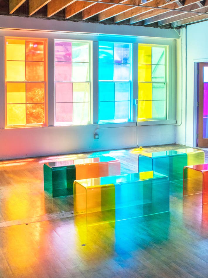 colorful windows and benches