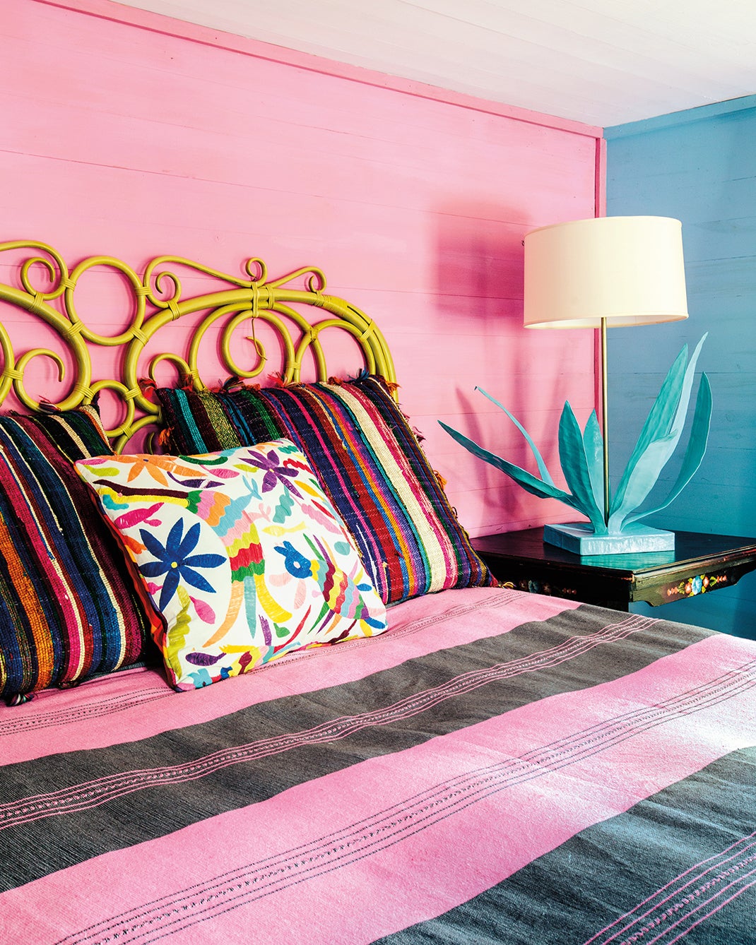 eclectic pink guest room with Rancho Pillow