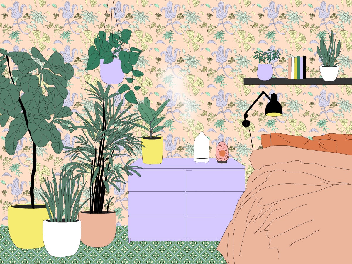 illustration of bedroom with plants and humidifier