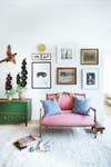 Blue and Brown and Green and Pink and Purple and White and Wood Living room