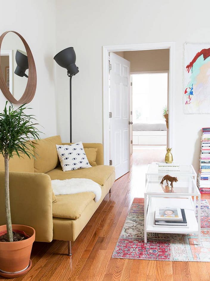 Alyssa Coscarelli’s Williamsburg Apartment White and Yellow Living room