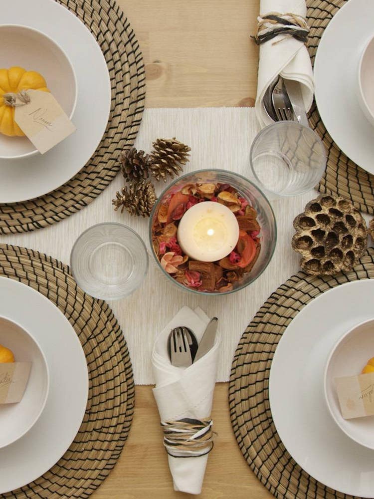 IKEA thanksgiving tablescape with white plates and fall colors
