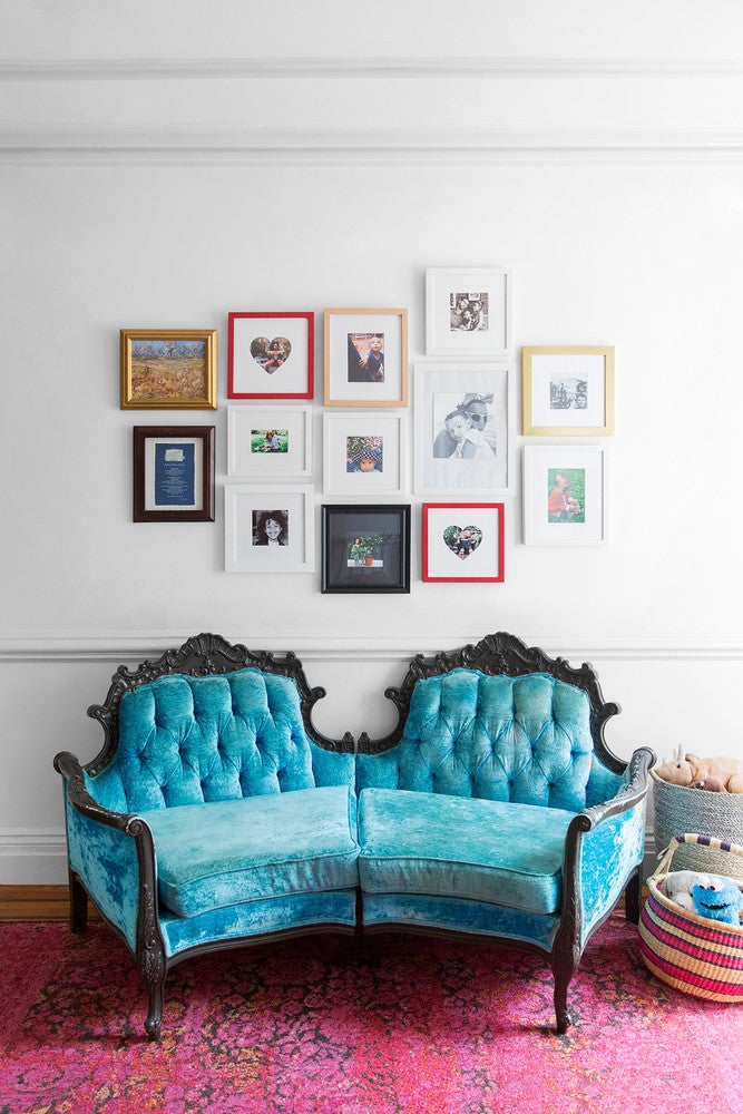 LaTonya Yvette Small Space Home Tour Blue Velvet Sofa Gallery Wall