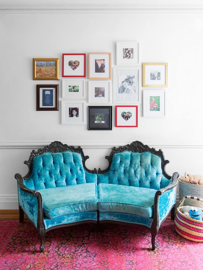 LaTonya Yvette Small Space Home Tour Blue Velvet Sofa Gallery Wall