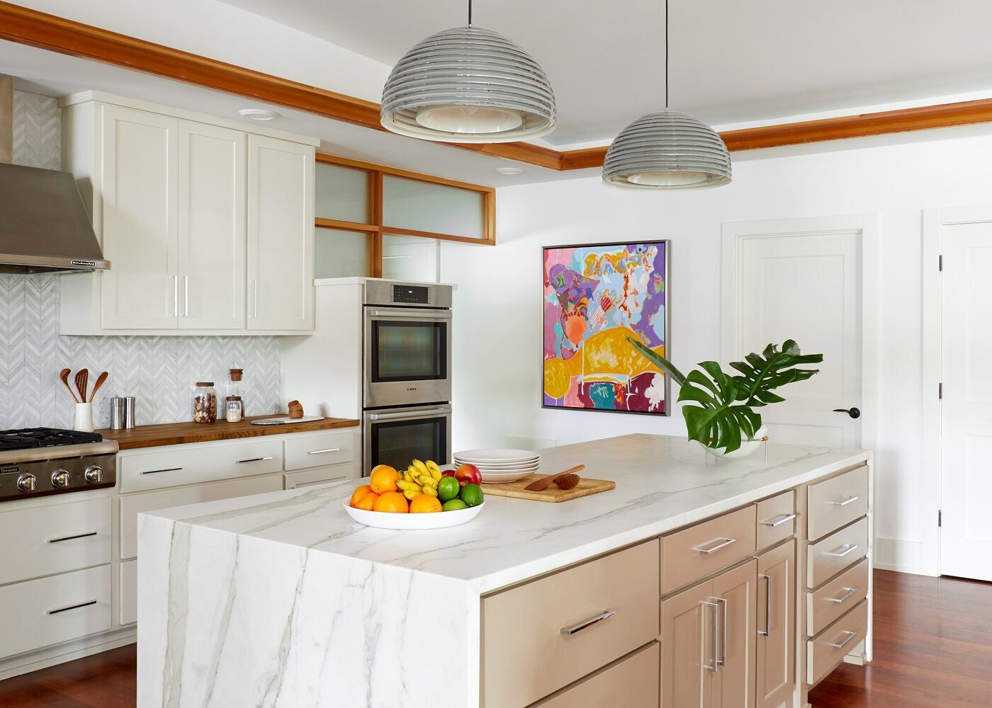 modern, whitewashed marble kitchen