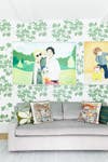 green leaf printed wallpaper sitting room