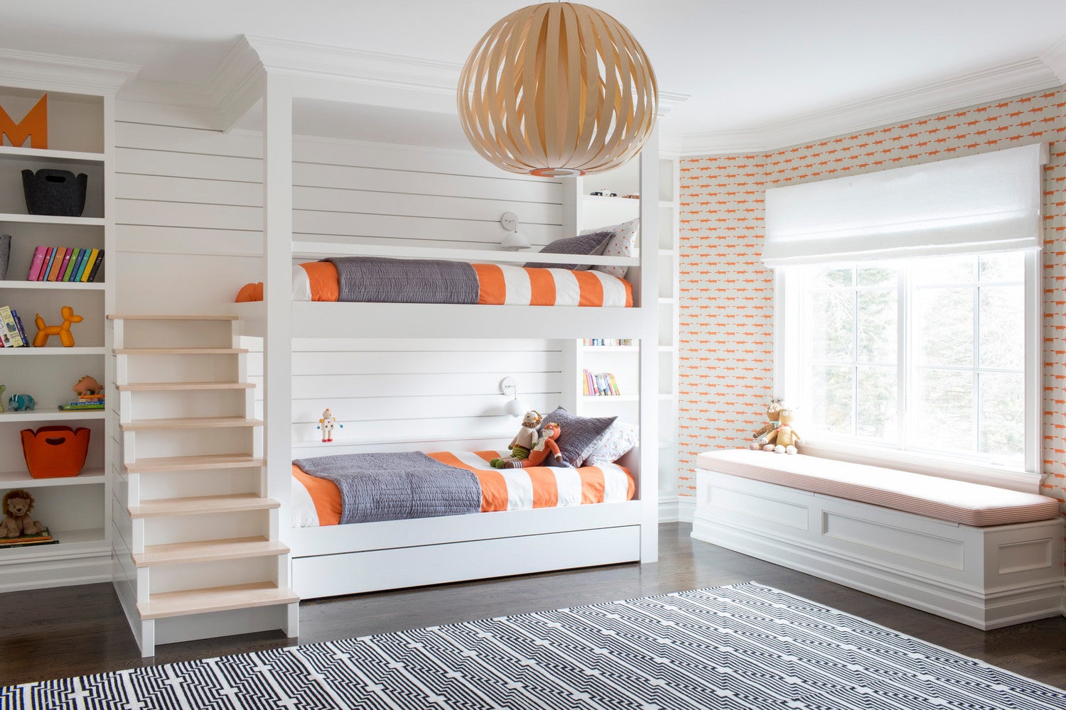 orange wallpaper kids bunk beds