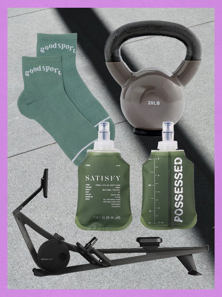 Collage featuring green crew socks, water flasks, neutral kettlebell, and hydrowave
