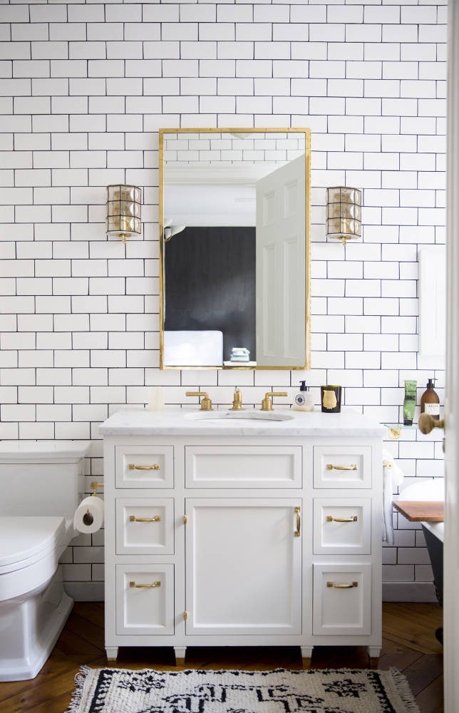 West Village Townhouse Alison Cayne Gold and White Bathroom