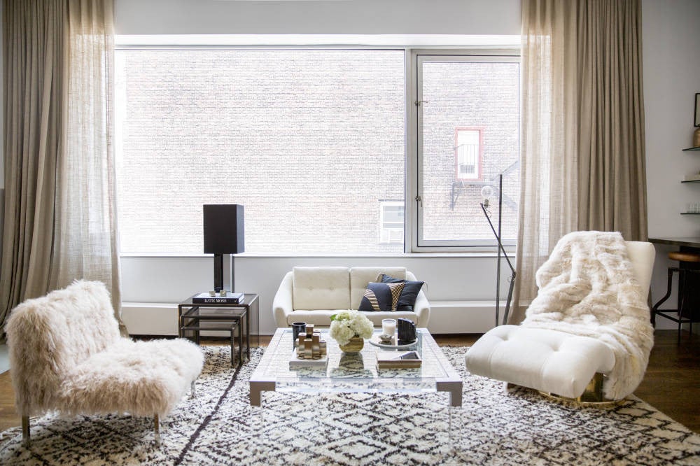 Nate Berkus and Jeremiah Brent design Rita Hazan Apartment Taupe and White Living room