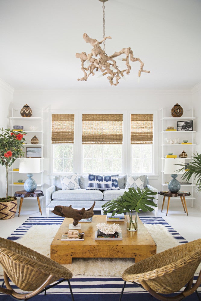 Blue and Brown and White and Wood Living room