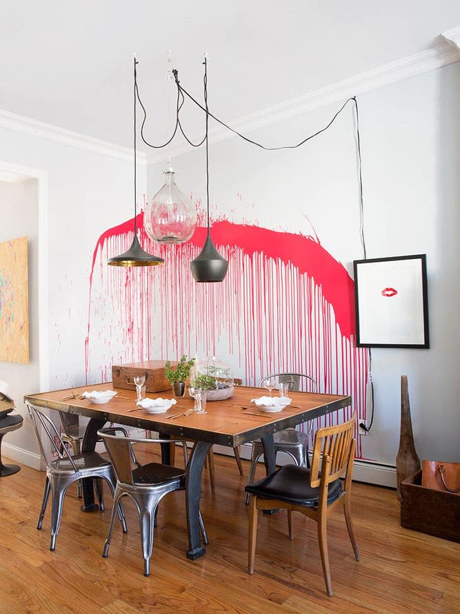 Red and White and Wood Dining room