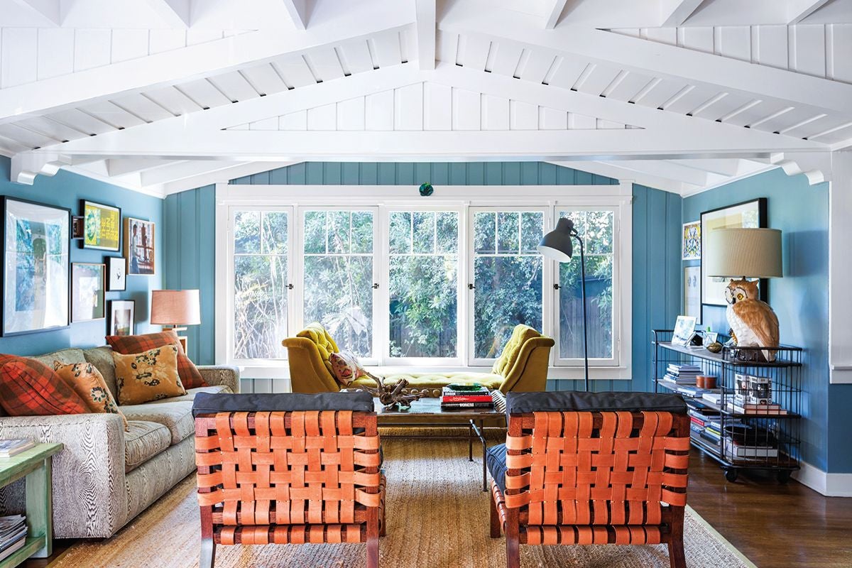 Blue and Orange and White and Wood Living room