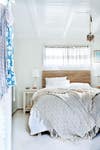 Blue and Taupe and White and Wood Bedroom