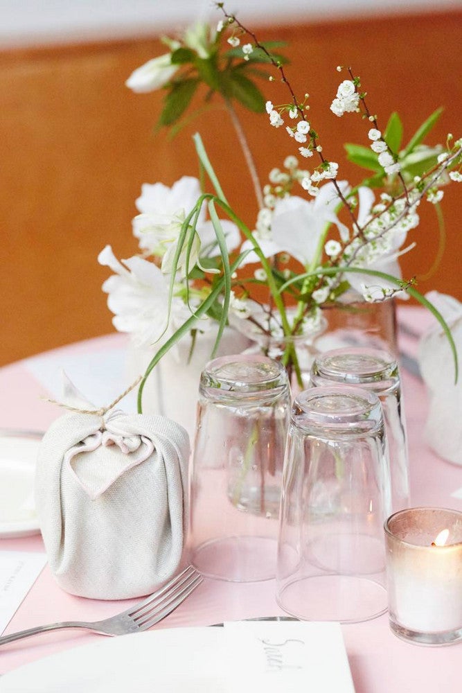 Pink and White and Wood Table Setting
