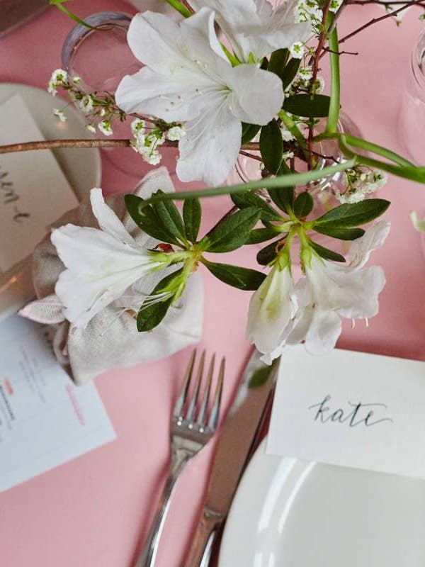 Jenni Kayne Domino Dinner Pink and White Table Setting