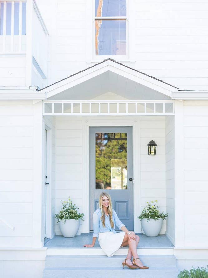 Lauren Henno Blue and White Portrait In Front Of House