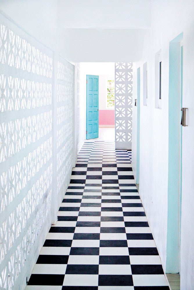 Black and Blue and White Hallway