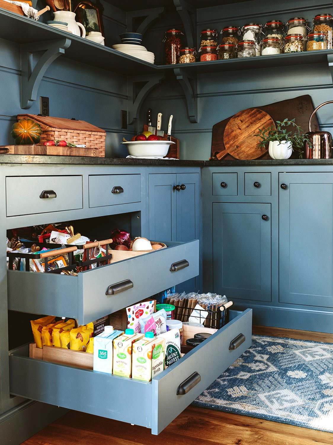dark blue pantry cabinets