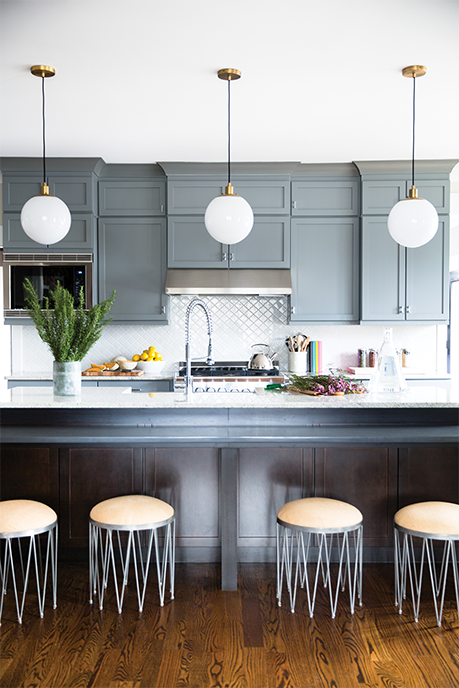 Best Celebrity Kitchens Blue Kitchen With White Orb Lights