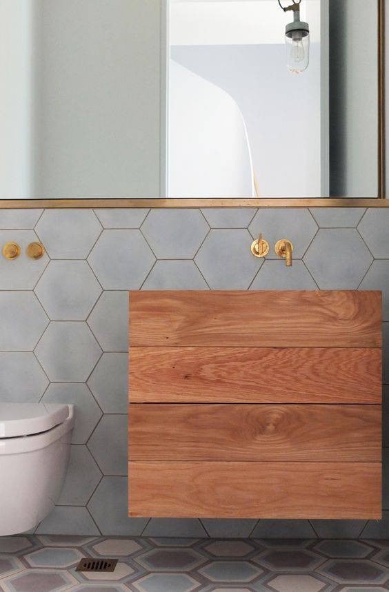 minimalist bathroom grey tile bathroom with wooden vanity