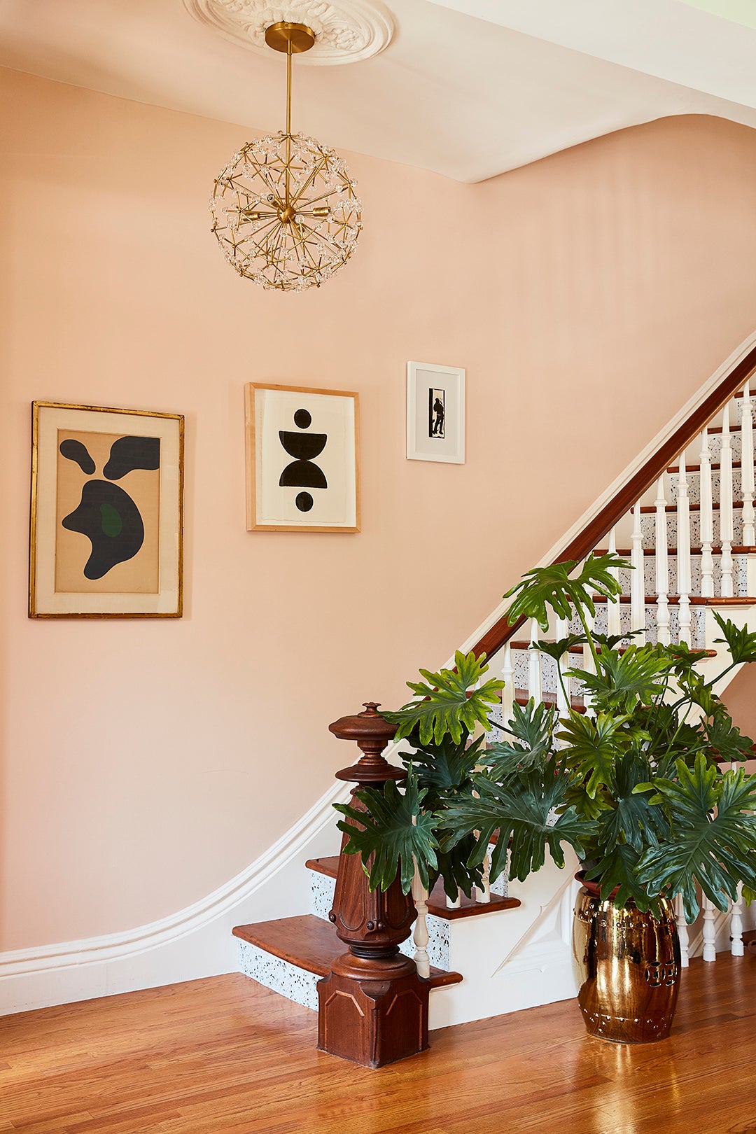 pale pink stairwell in brooklyn townhouse
