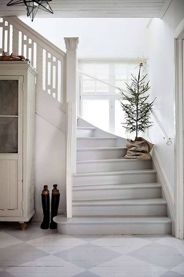scandinavian christmas decor staircase with christmas tree