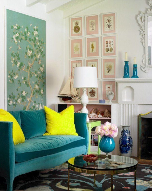 teal-couch-neon-yellow-pillows