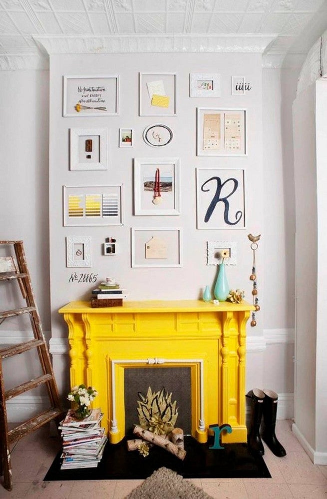mantel decorating ideas for spring white living room  with yellow fireplace