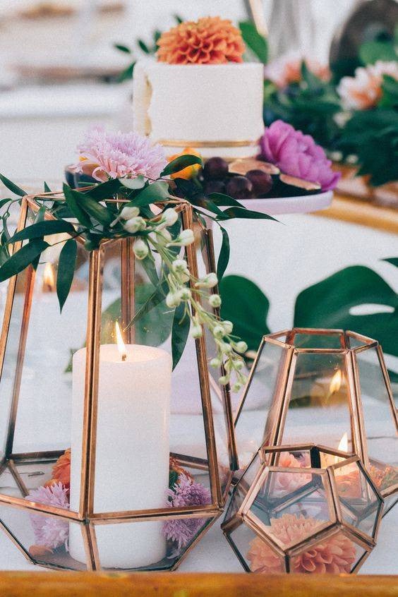 Easy Spring Centerpieces candles in copper displays