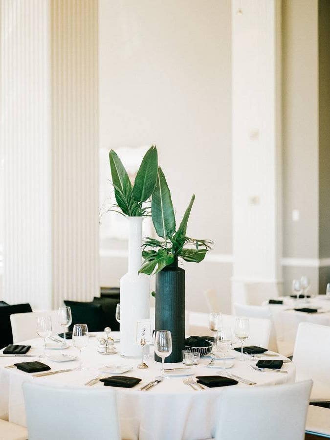 Summer Wedding Centerpieces Matte Black White Tall Vases Leaves