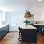lighting trends navy kitchen with woven light fixtures