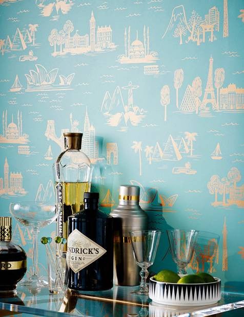 toile prints blue and beige toile wallpaper behind bar