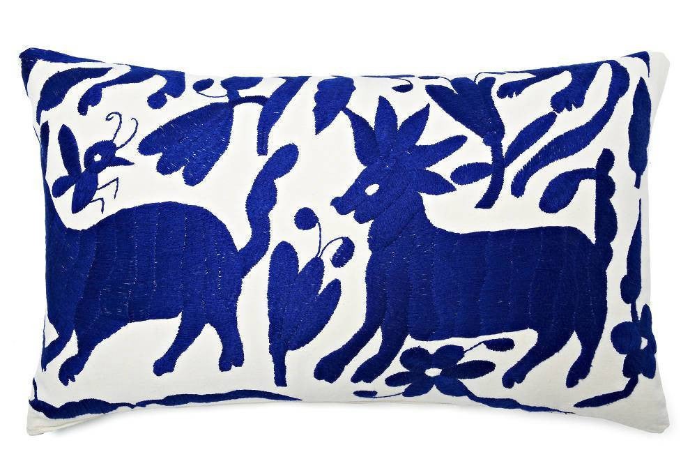 pillow shapes blue and white otomi lumbar