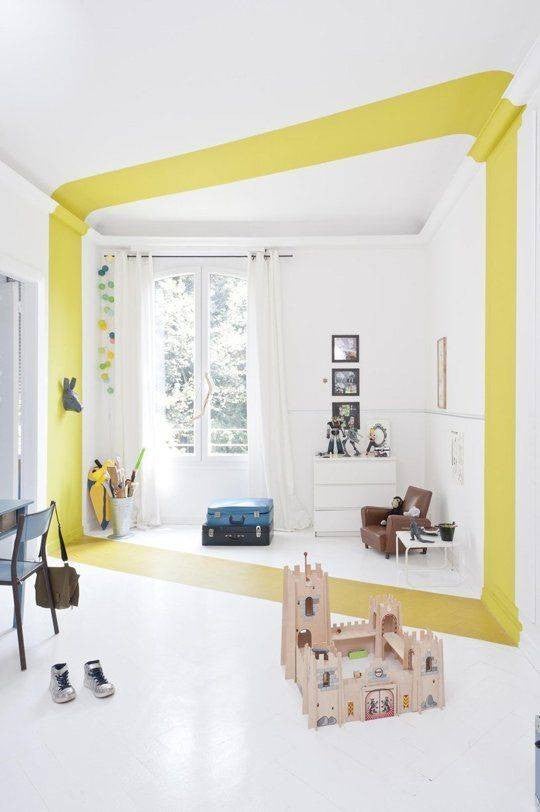 all white interiors white kids room with yellow stripe
