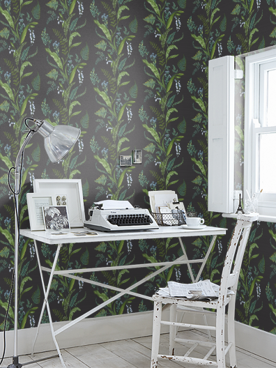 fall patterns home office with black and green floral wallpaper