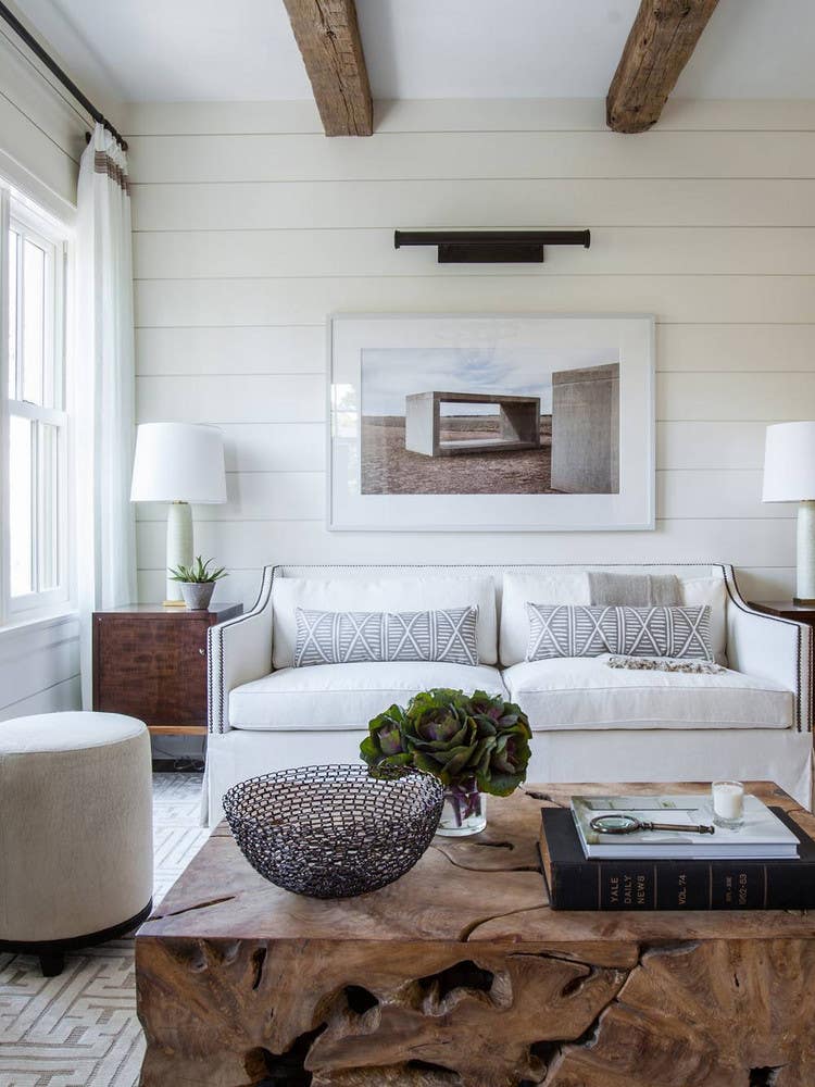taupe white living room with beams and shiplap