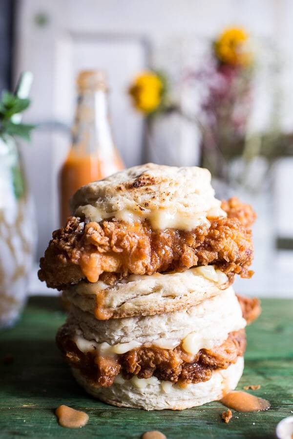 comfort food recipes buttermilk chicken biscuits with habanero peach hot sauce + honey butter