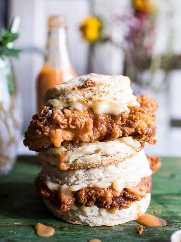 comfort food recipes buttermilk chicken biscuits with habanero peach hot sauce + honey butter