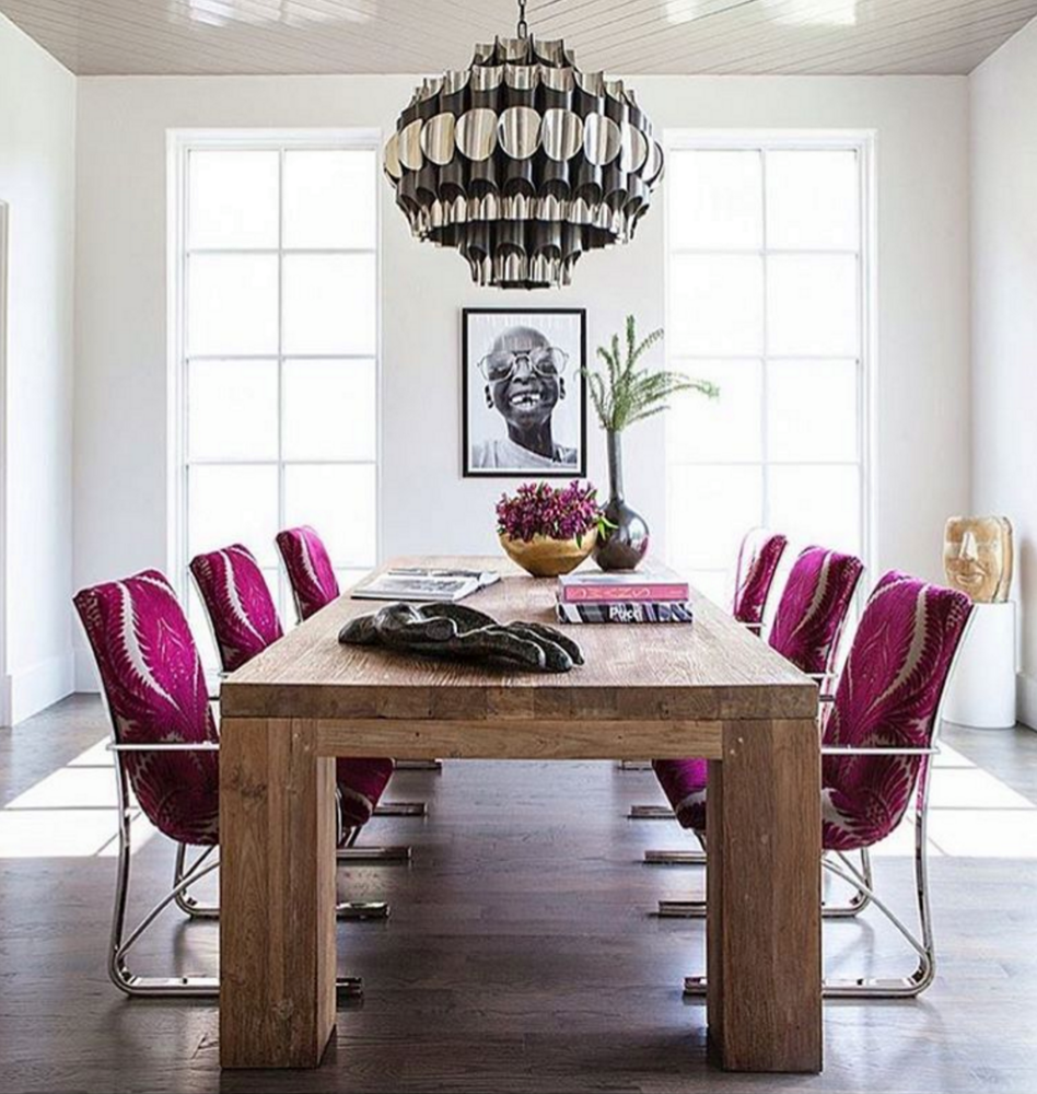 furniture refinishing dining room with wood table and pink chairs